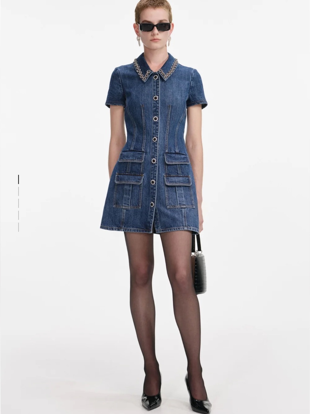 Self-Portrait Dark Blue Denim Jacket with Crystal Trim